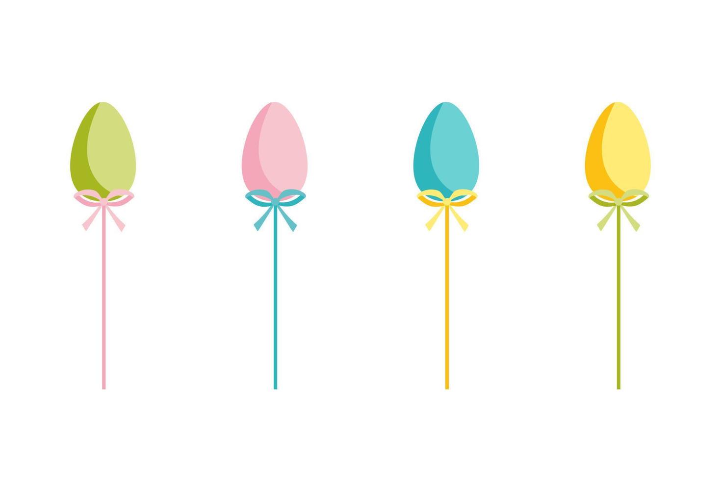 Happy Easter. Vector Easter eggs set. Colorful eggs on sticks with bow. Holiday decor. Flat style clip art set.