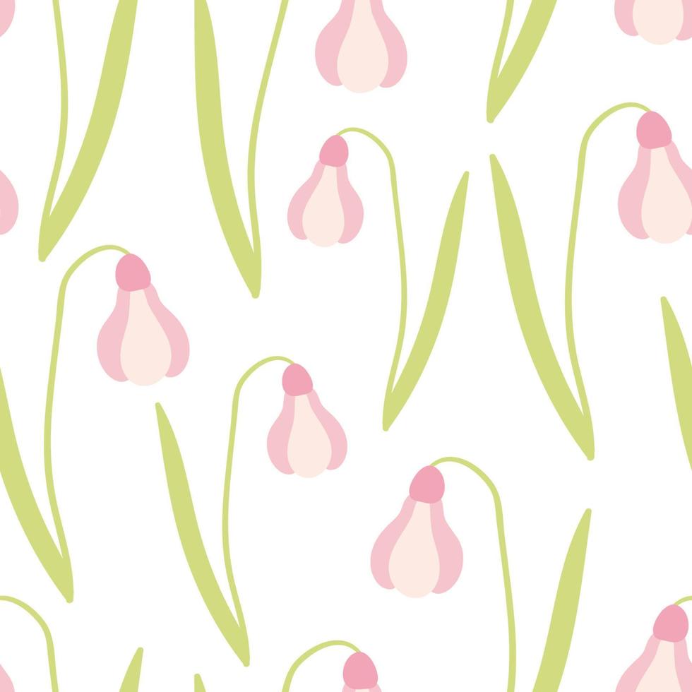 Vector snowdrop flower seamless pattern. Hand drawn botanical seamless pattern. Pink snowdrop with green leaf on white background. Textile, wrapping paper, wallpaper, fashion textures.