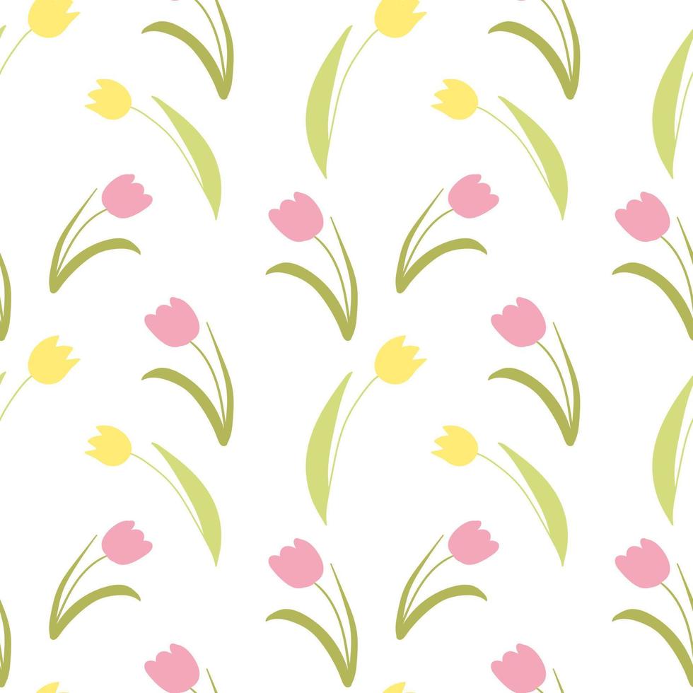 tulipanes vector sin costura modelo. mano dibujado garabatear primavera flores modelo. rosado y amarillo tulipanes en blanco antecedentes. diseño para hogar textil, Boda decoración, invitaciones, envase documentos, fondos de pantalla