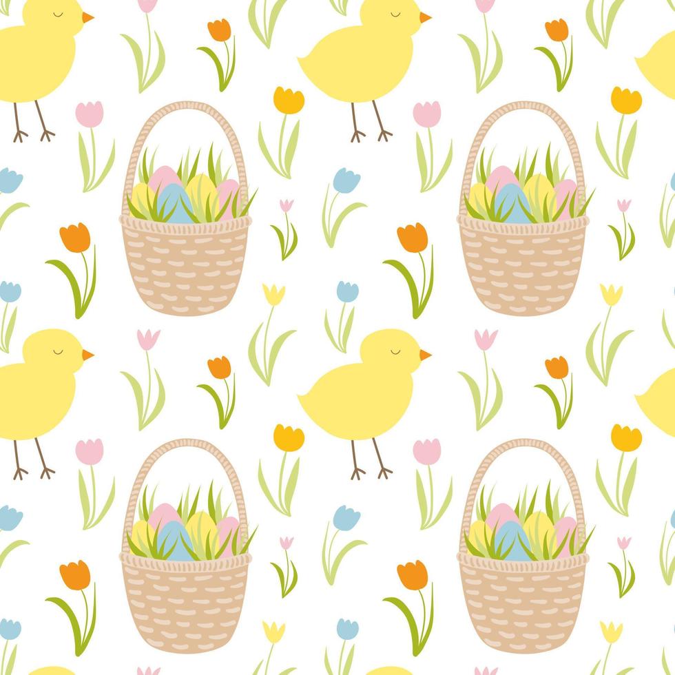 contento Pascua de Resurrección. vector Pascua de Resurrección sin costura modelo con pollos, tulipanes, picnic cesta. linda bebé pollos en blanco antecedentes. diseño para hogar decoración, envase papel, fondos de pantalla, invitaciones, textil.