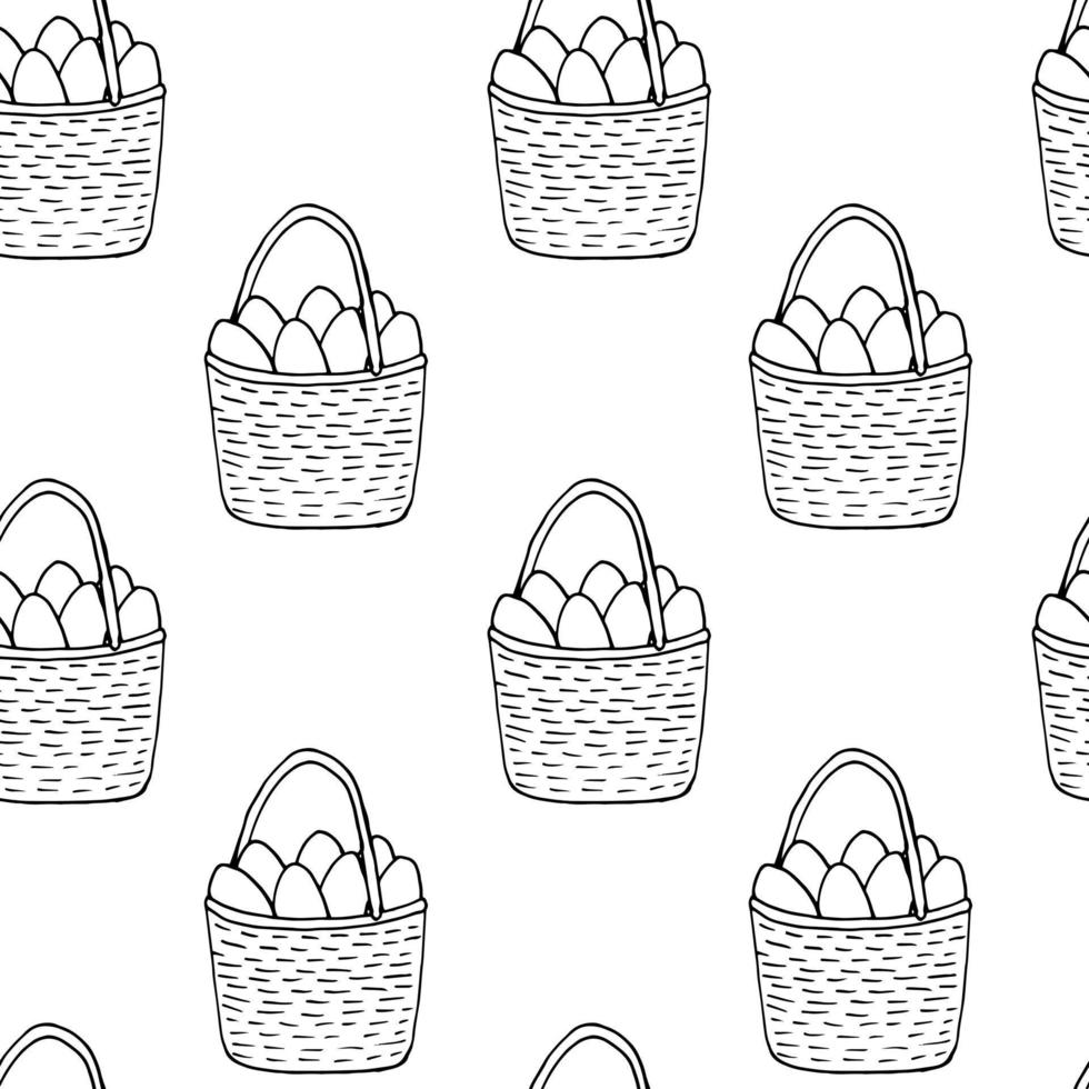 Easter basket seamless pattern. Happy Easter. Hand drawn vector picnic basket with eggs. Doodle style pattern. Design for holiday decor, textile, home decoration, wallpaper.