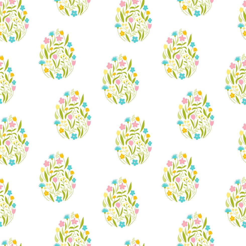 Flowers in egg shape. Hand drawn vector flowers seamless pattern. Easter floral eggs on white background. Wrapping paper, invitations, Easter home decoration.