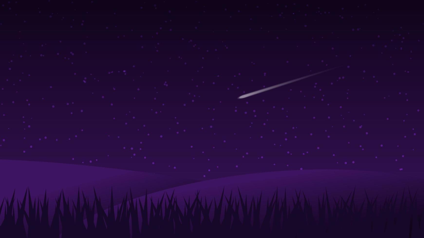 night landscape cartoon scene. dark hill with meteor in starry sky vector