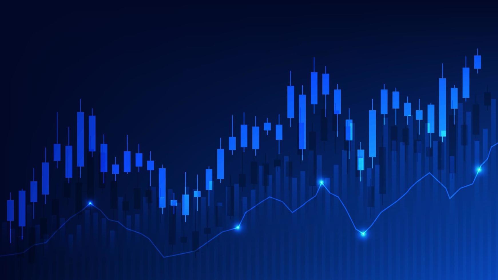 Financial business statistics with bar graph and candlestick chart show stock market price and effective earning on blue background vector