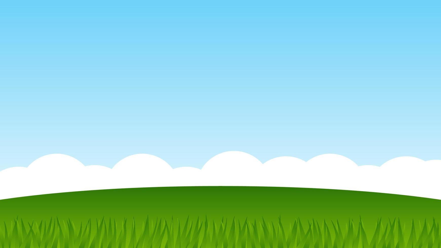 landscape cartoon scene. green hill with grass and blue sky with white