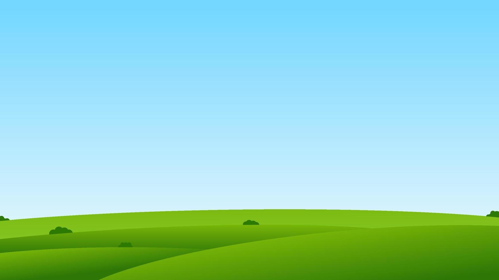 landscape cartoon scene. green field with bush on hill and summer clear blue sky with blank space for background and design element vector