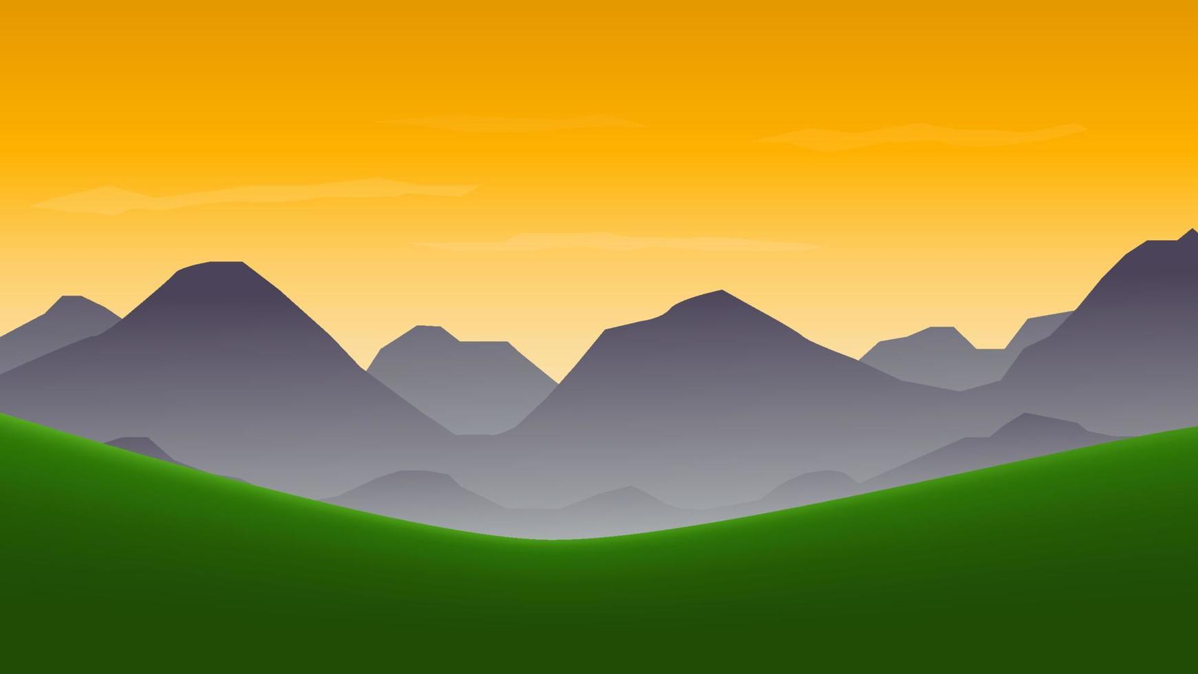 landscape cartoon scene background. green meadow with mountain as layer and sunset sky vector