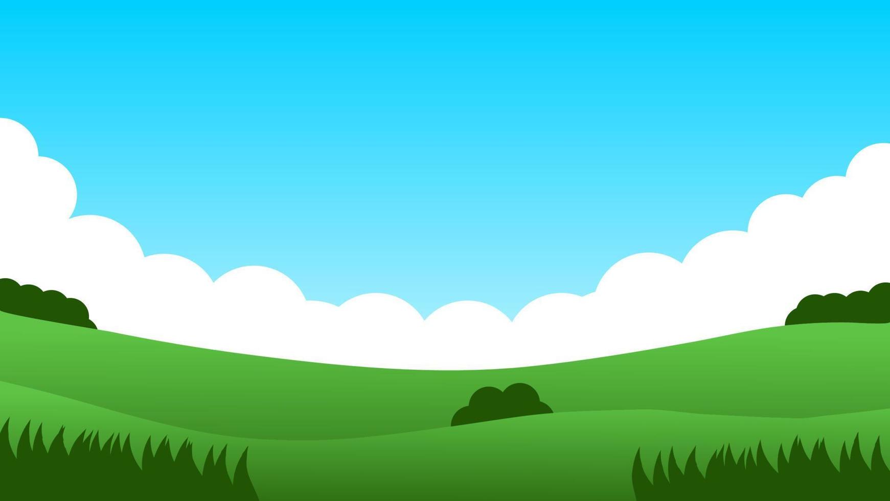 landscape cartoon scene. green field with bush on hill and summer clear blue sky with white cloud vector