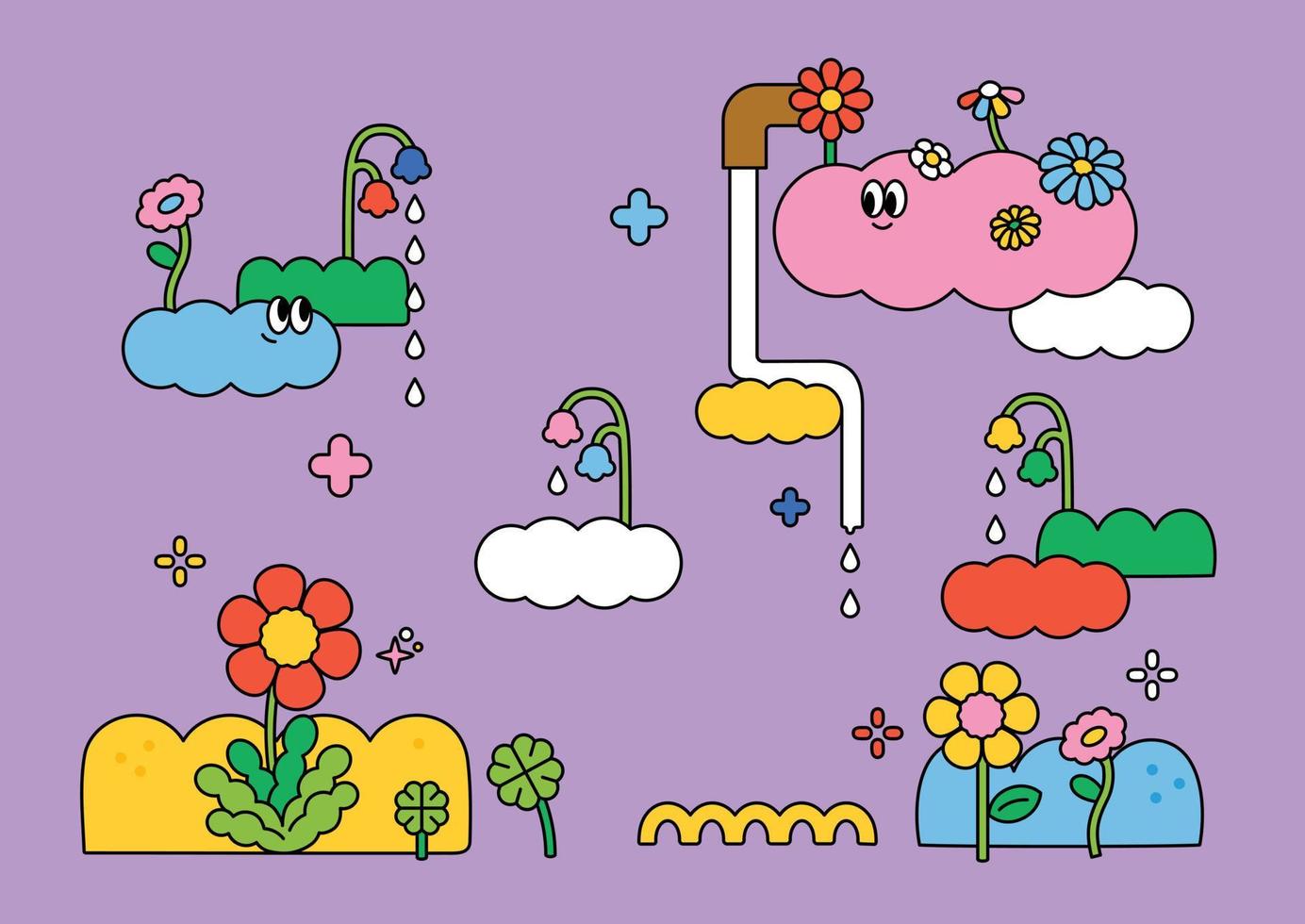 Abstract cartoon illustration with cute clouds and flowers raining. outline simple vector illustration.