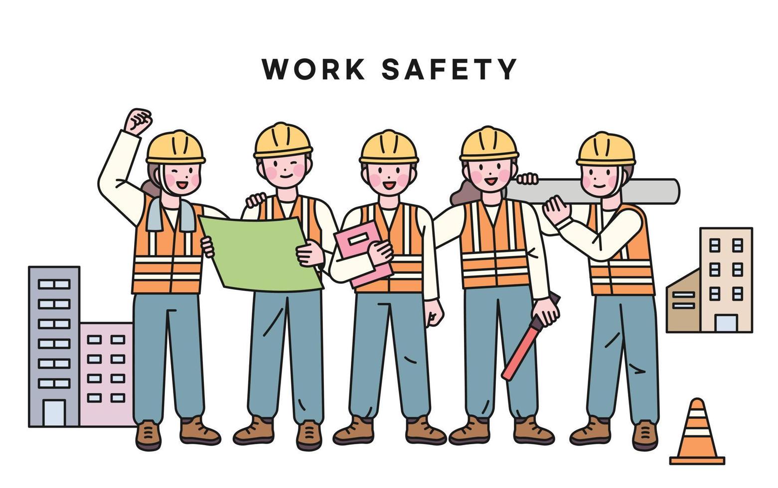 Safety of construction sites and workers. Characters wearing safety helmets are standing smiling. vector