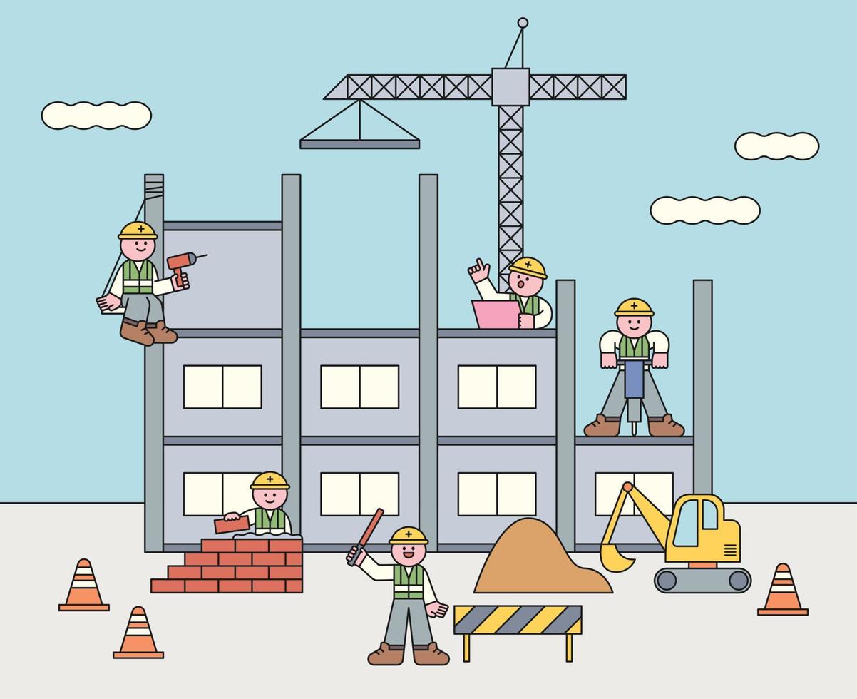 Cute characters are building. They are laying bricks and using a drill. A worker is holding a light stick and controlling it. vector