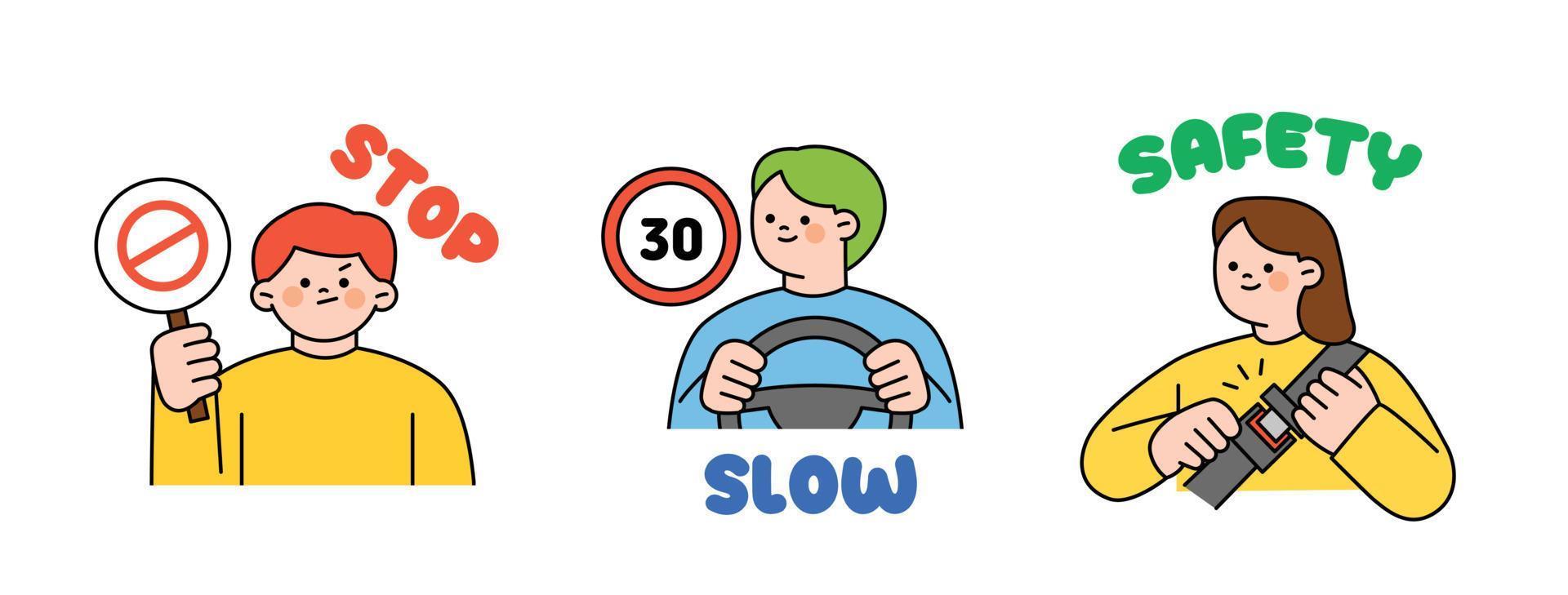 Traffic safety manual for drivers. Person holding a stop sign. Man driving and speed sign. A person wearing a seat belt. vector