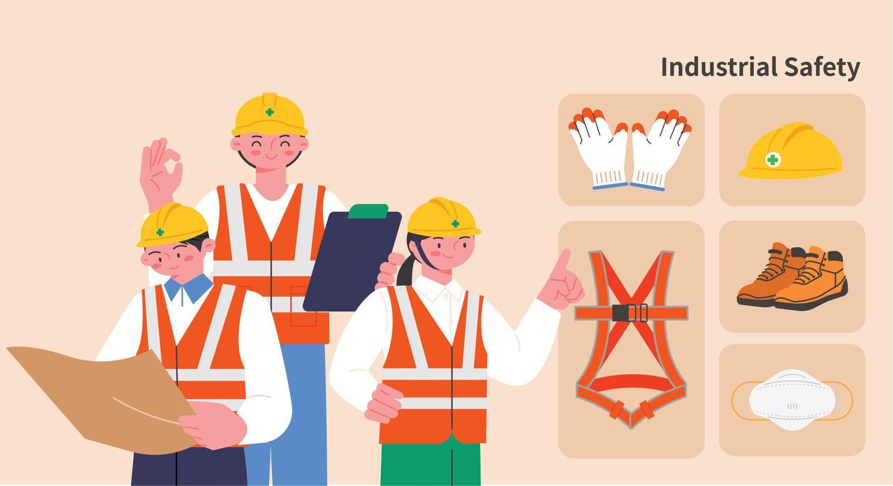 A collection of construction workers and safety equipment. vector