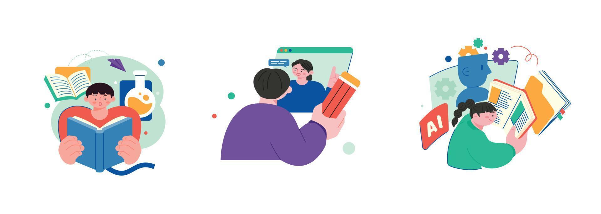 Illustration of education concept. Images of education are decorated around the students. Reading books and acquiring knowledge through the Internet. vector