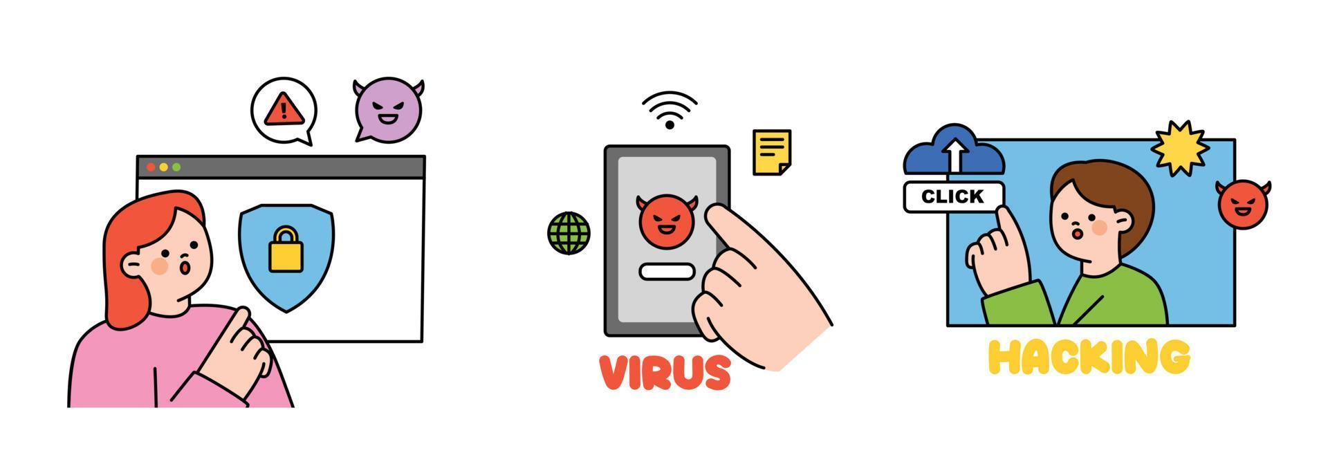 Security system to protect online virus computer and mobile. People are pressing the security icon on the screen. vector