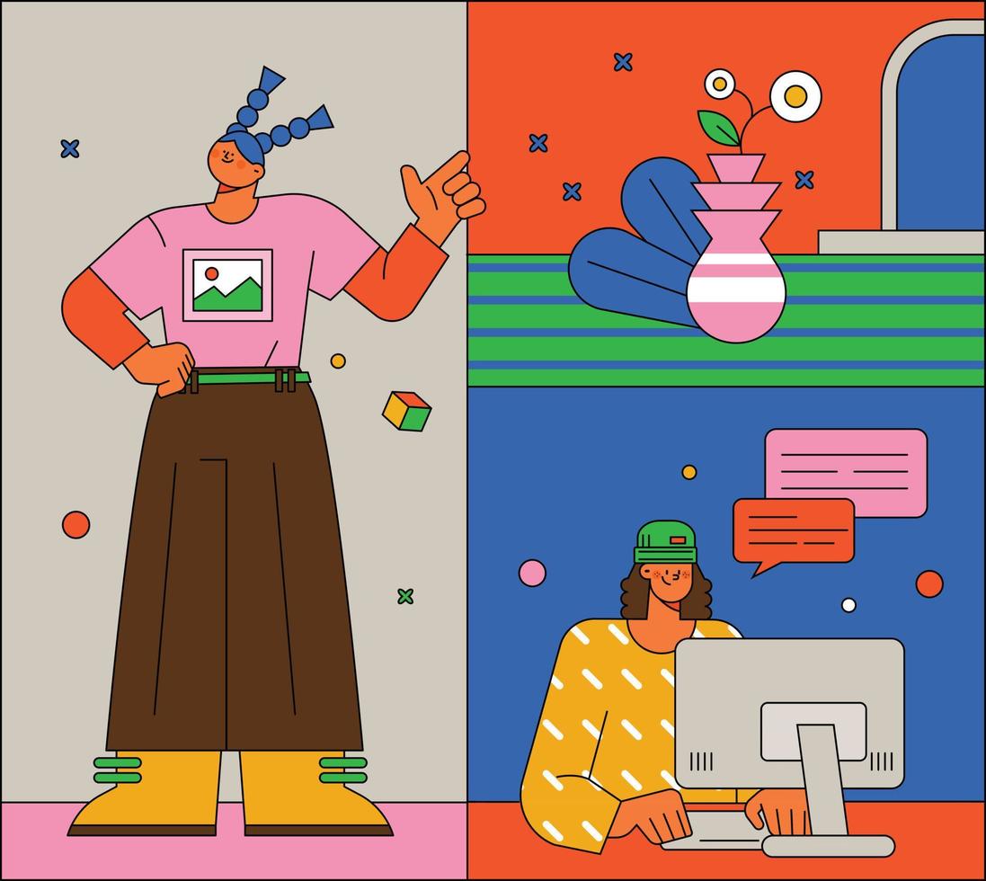 A fashionable and young character. One is standing and talking and the other is working on a computer. vector