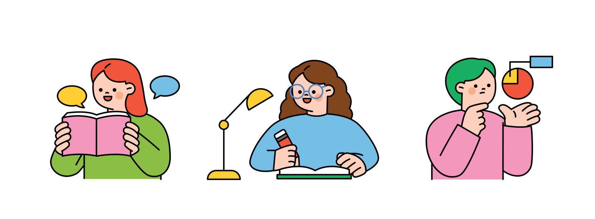 ilustración acerca de educación. estudiantes son lectura, escribiendo, analizando, y estudiando. vector