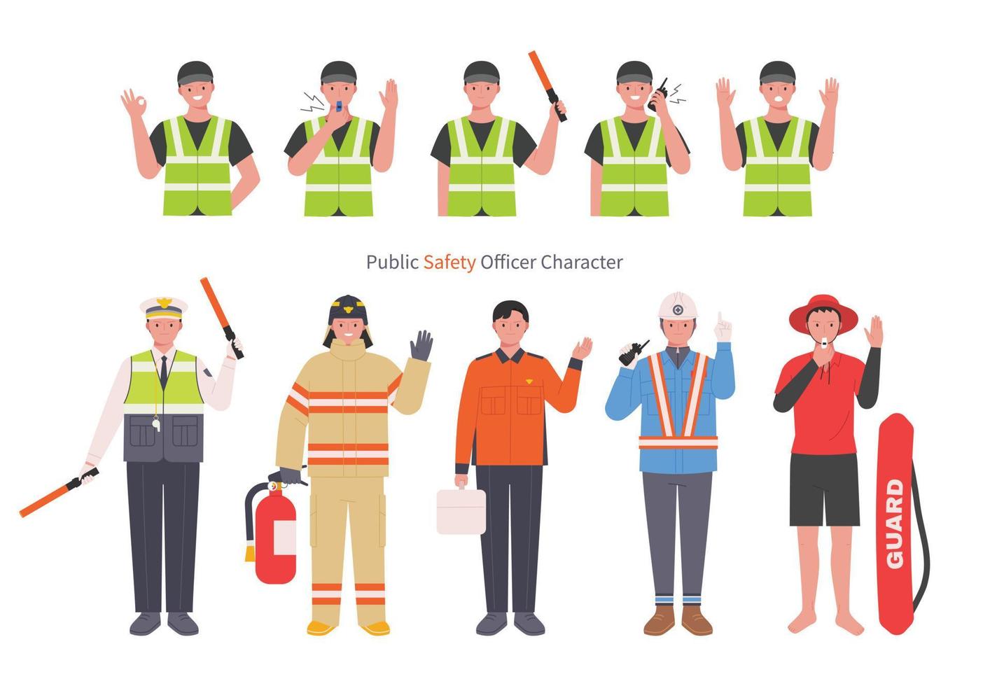 People who keep safety in various fields. A collection of uniforms and gestures by profession. vector