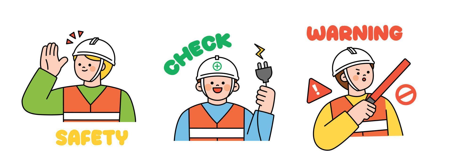 Cute human character explaining construction site safety rules. Safety, checklist, danger warning. vector