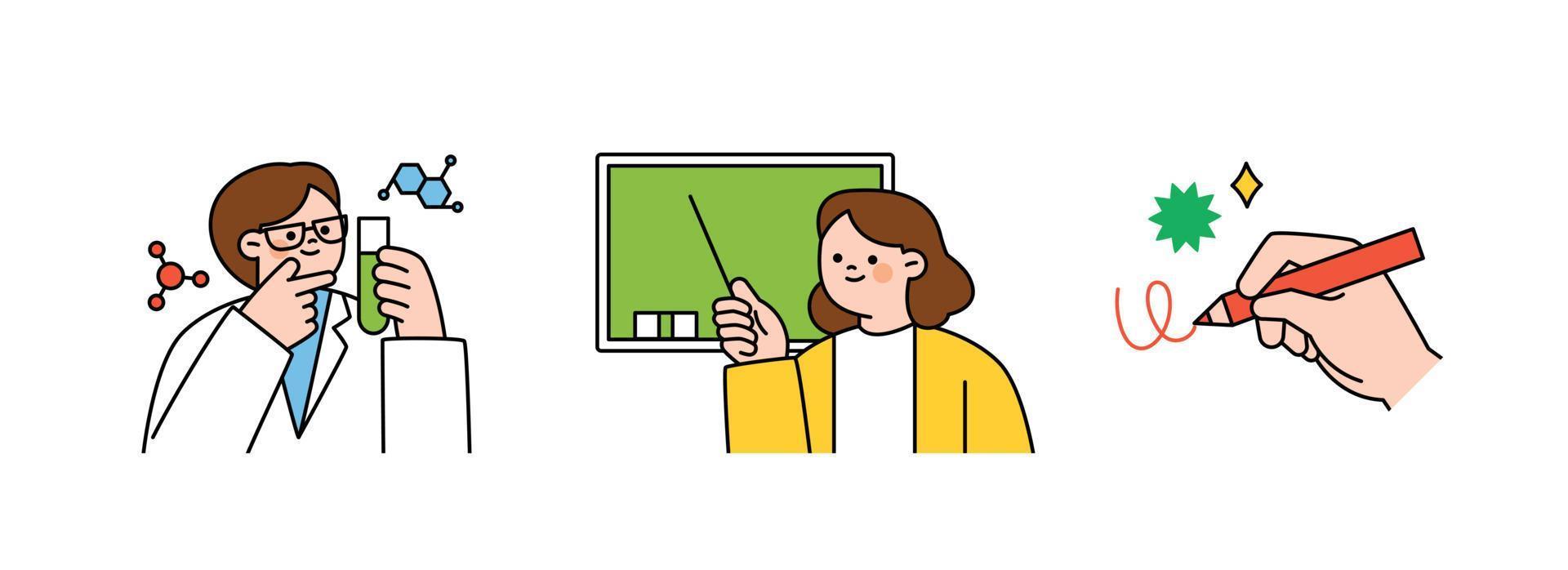 Education concept illustration. a person who does research. Teacher in front of the blackboard. hand writing. vector