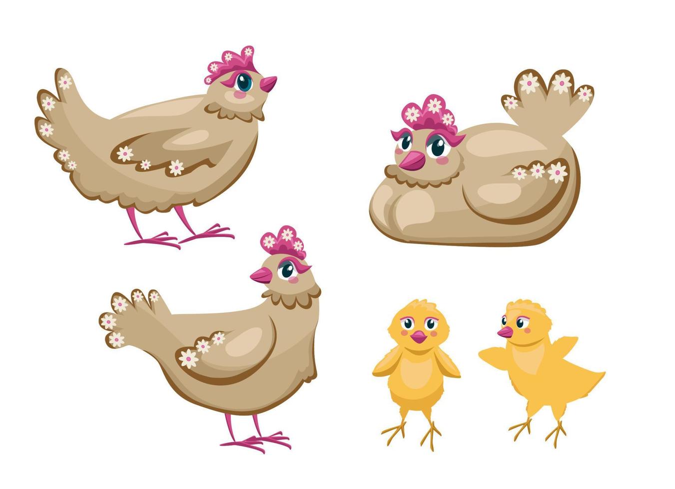 Cute cartoon chickens set. Little chicks. Farm birds and animals collection. Vector illustrations in comic style.