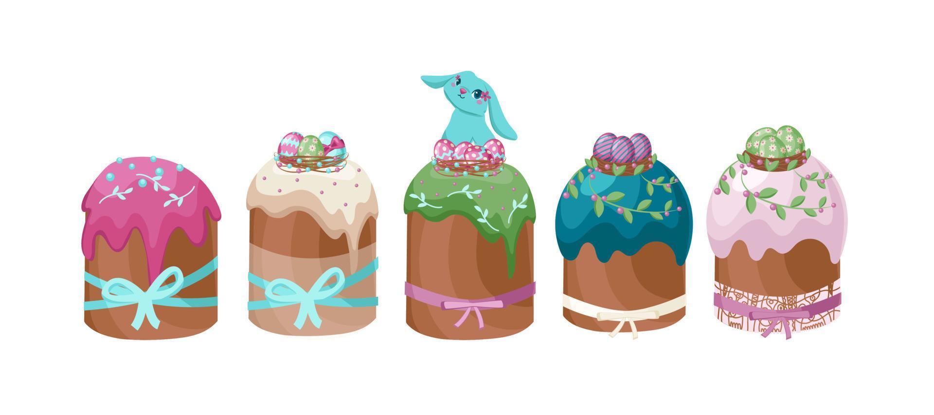 Eastern traditional orthodox easter cakes set of sweet dishes decorated with white glaze candied fruits and colorful candies isolated vector illustration