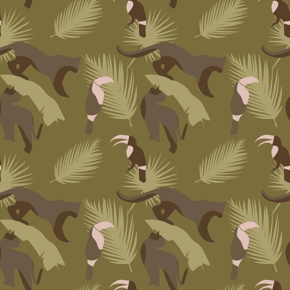 Cartoon Jaguar and Palm Vector Seamless Pattern. Fabric Leopard and Leaf Print. Summer Background. Tiger and Leaves Bright Abstract Illustration.