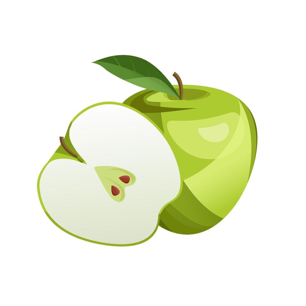 Fresh whole, half of green apple isolated on white background. Vegan food vector icons in a trendy cartoon style. Healthy concept.