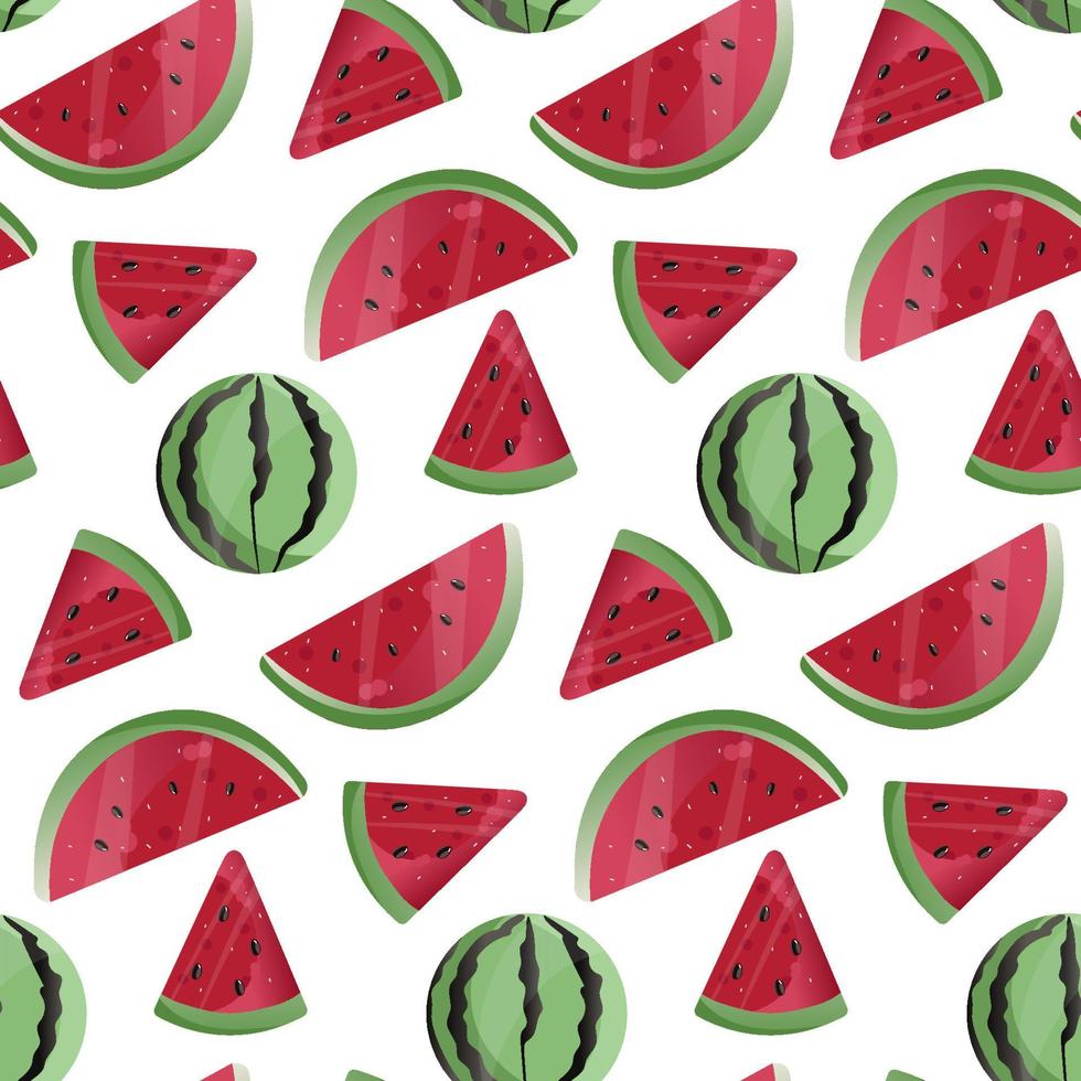 Watermelon vector Seamless pattern. Watermelon, whole, sliced, halves, slices, quarters, seeds, inflorescence and leaves for fabric, tablecloth, kitchen textiles, for clothing, wrapping paper.