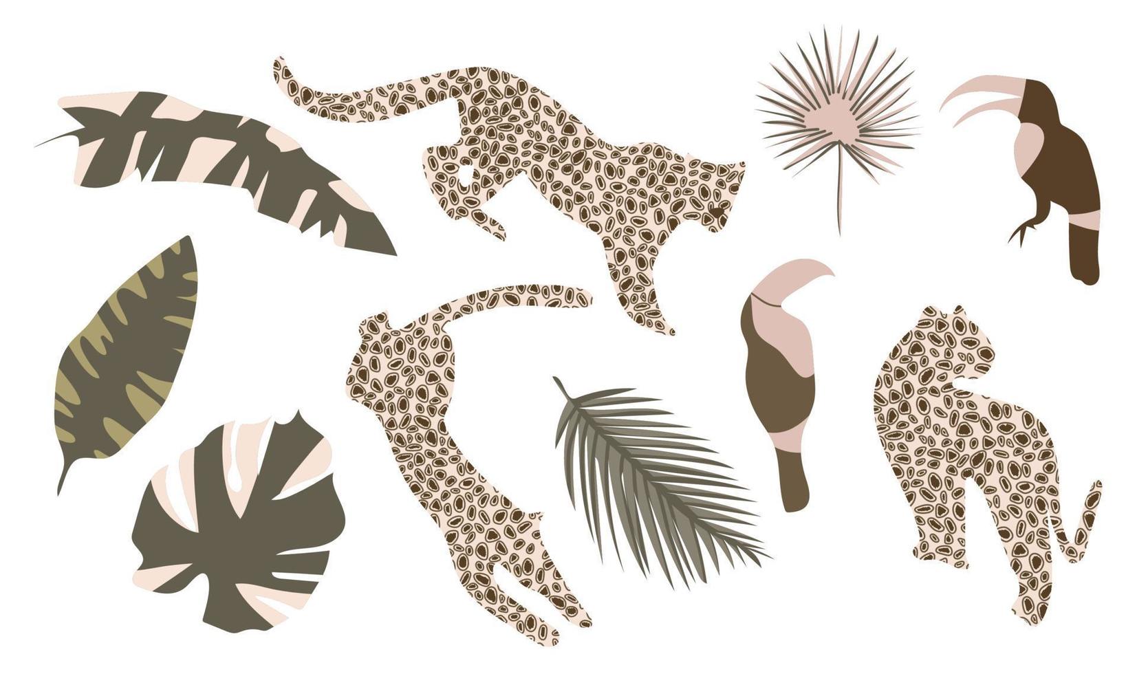 Tropical set with leaves, leopards and toucans. Boho design. Modern hand drawn plant leaf and tropical shape decoration set. vector