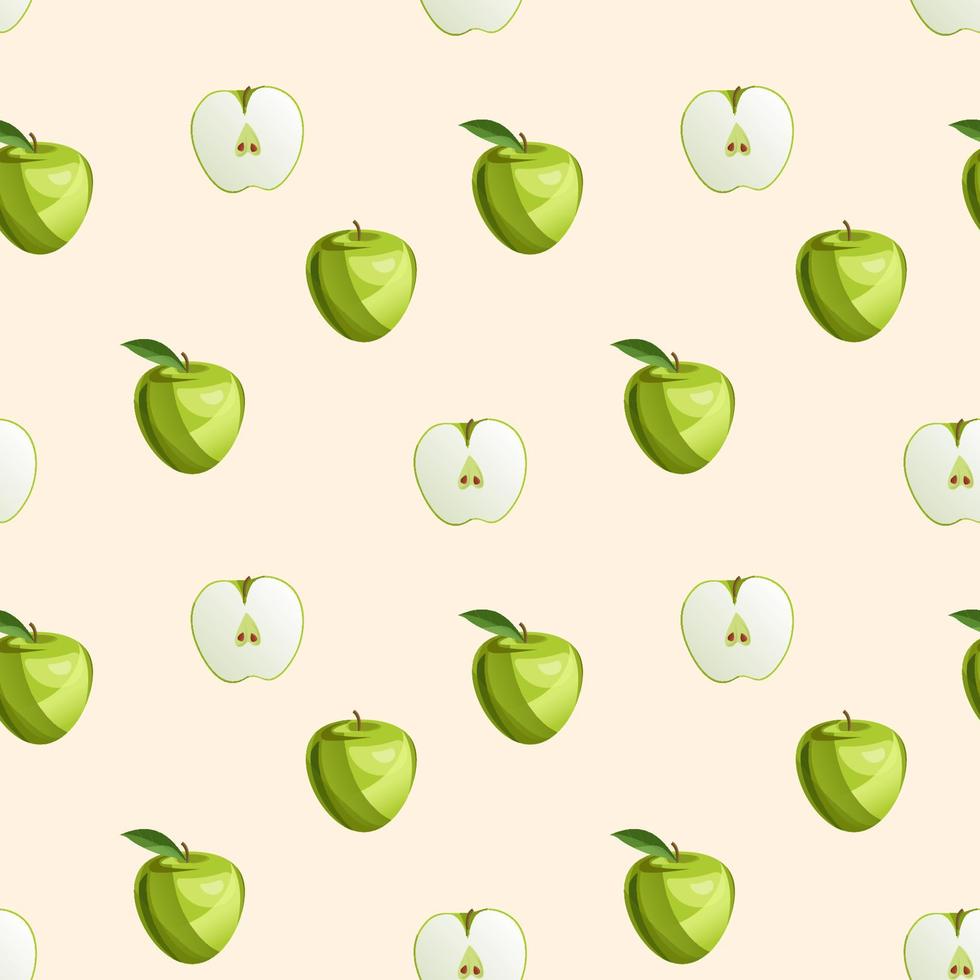 Green apple fruit and leaves seamless pattern. Food background. Vector cartoon flat illustration.