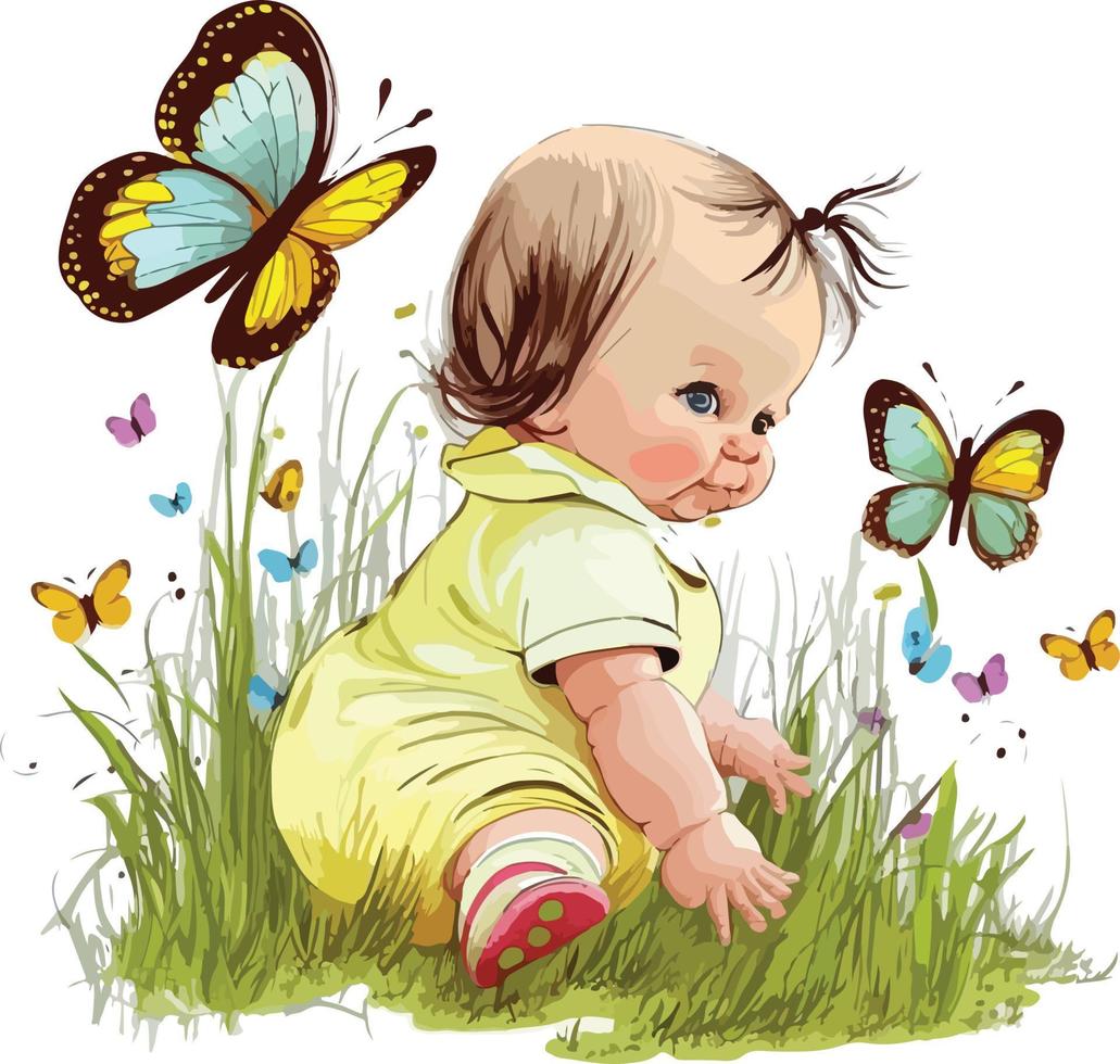 Cartoon baby girl play with butterfly in the grass vector