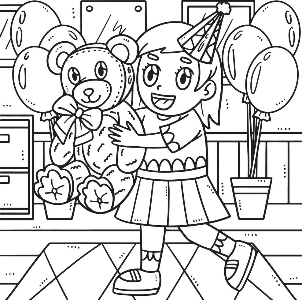 Birthday Girl Holding Teddy Bear Coloring Page vector