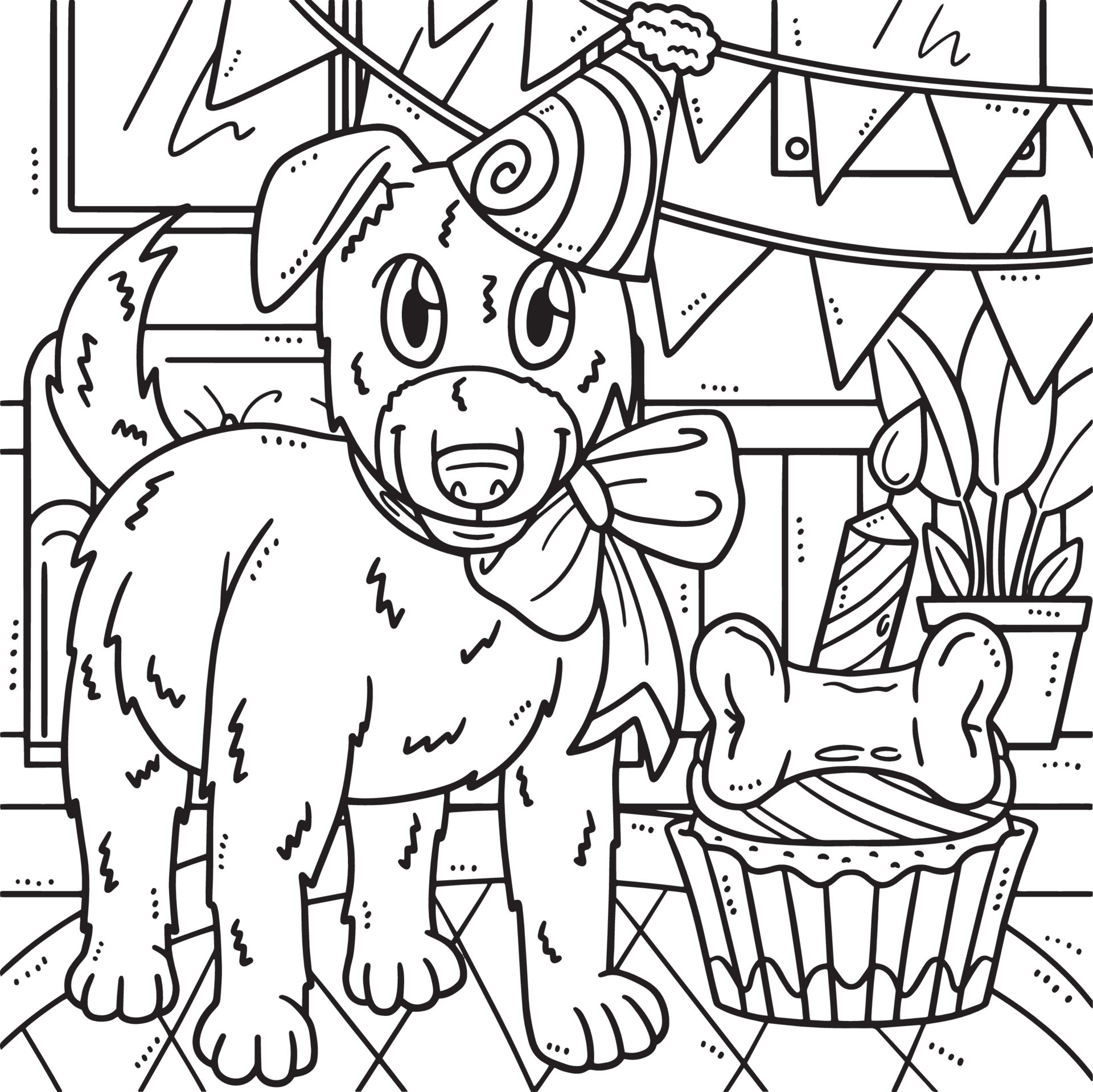 Birthday Dog with Party Hat Coloring Page for Kids 20581489 Vector Art