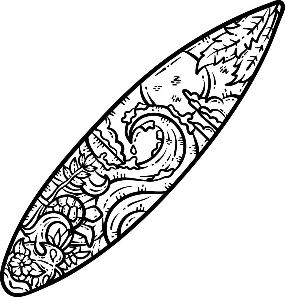 Summer Surfing Board Line Art Coloring Page vector