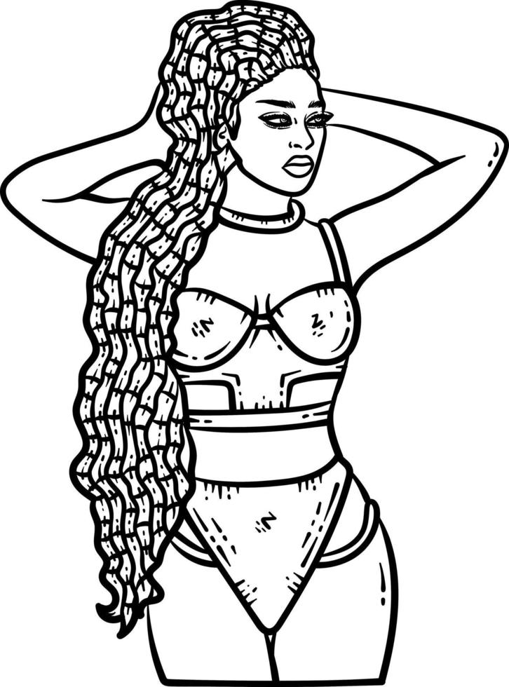 Summer Afro Girl in a Bikini Line Art Coloring vector