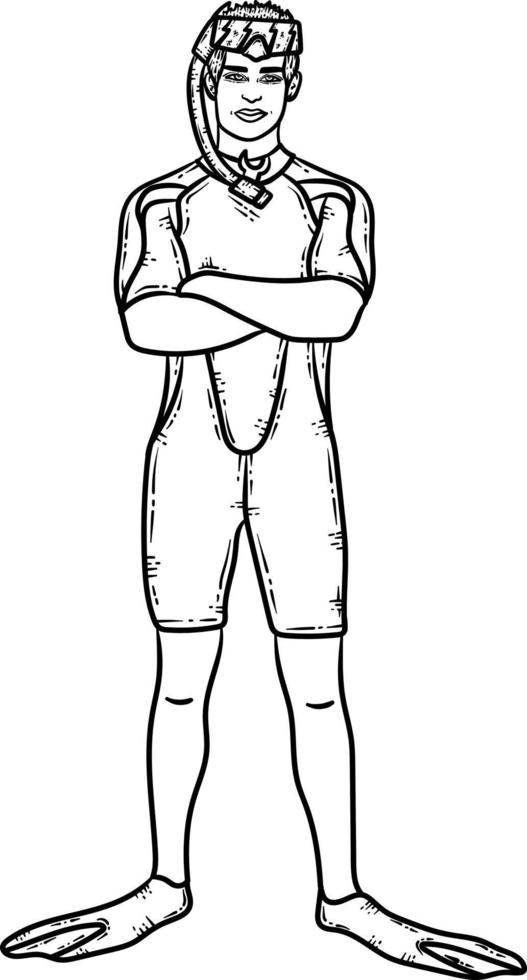 Summer Scuba Guy Line Art Coloring Page for Adult vector