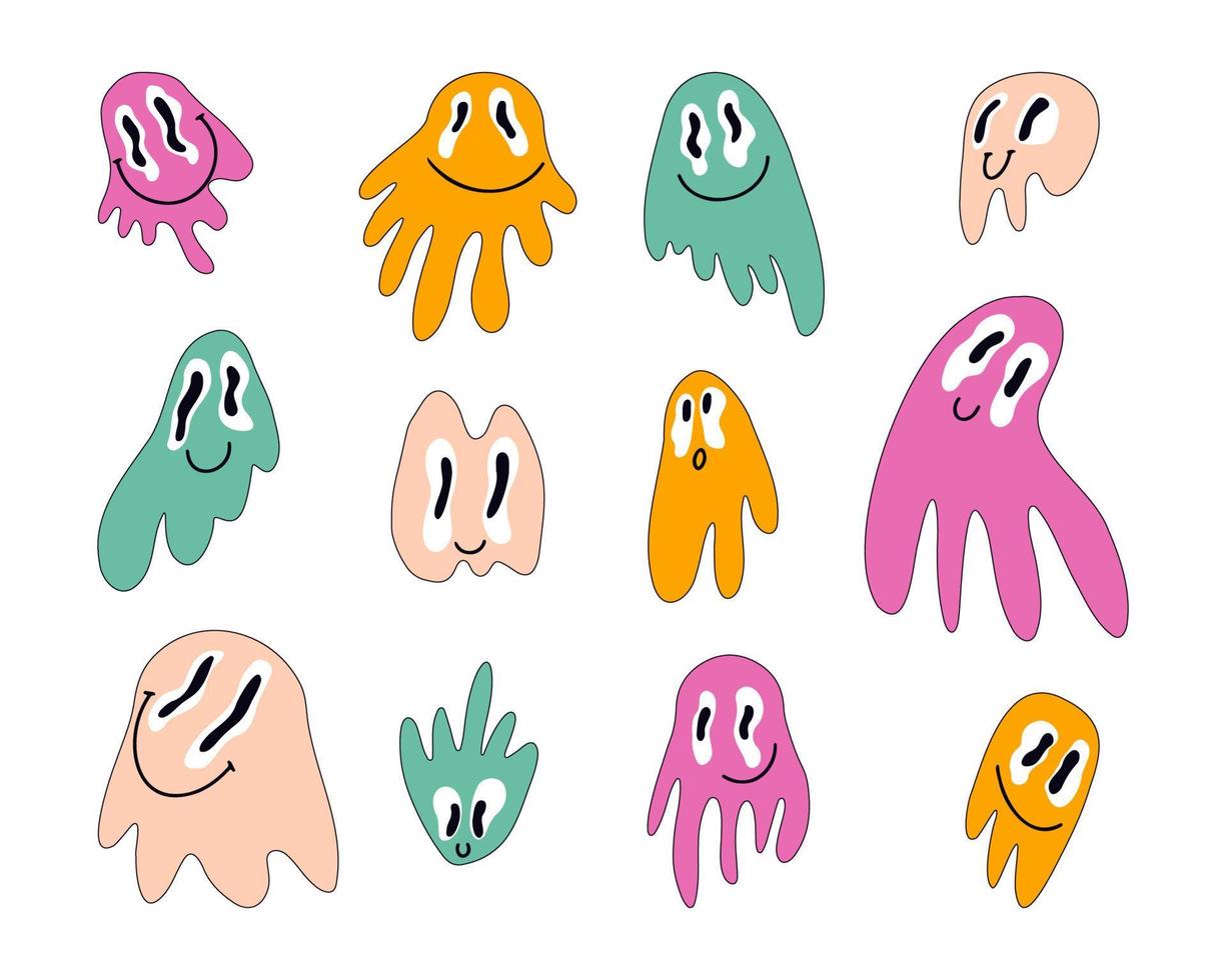 Retro hippie groovy melting dripping smile faces 70s 60s style set. Cute Halloween ghosts characters collection. Meltdown funny emotional icons. Cartoon vector illustration on white background