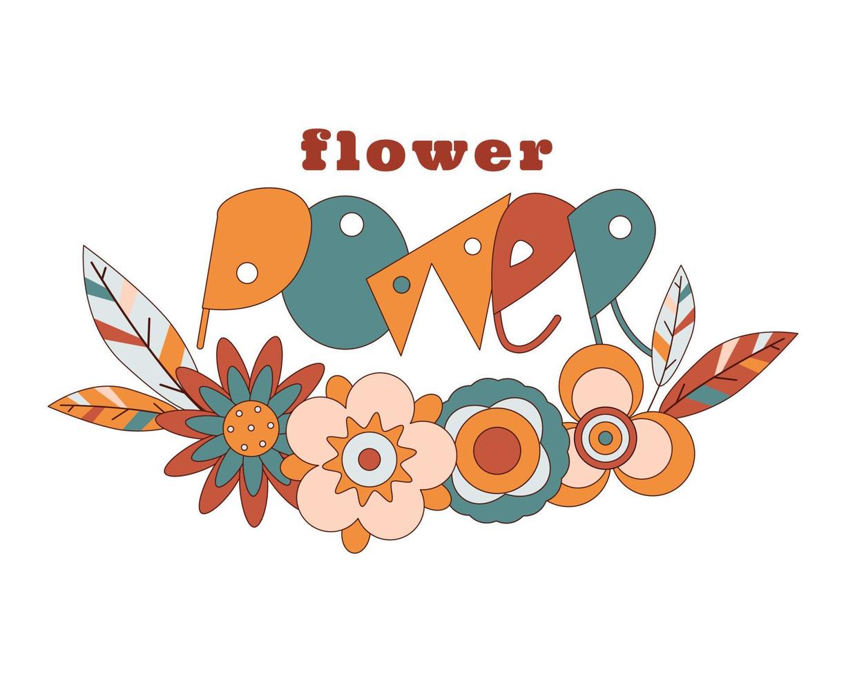Retro hippie groovy flowers feathers 70s 60s print design. Modern floral abstract boho background with slogan flower power. Vector vintage graphic for tee t shirt, sticker, poster, greeting card