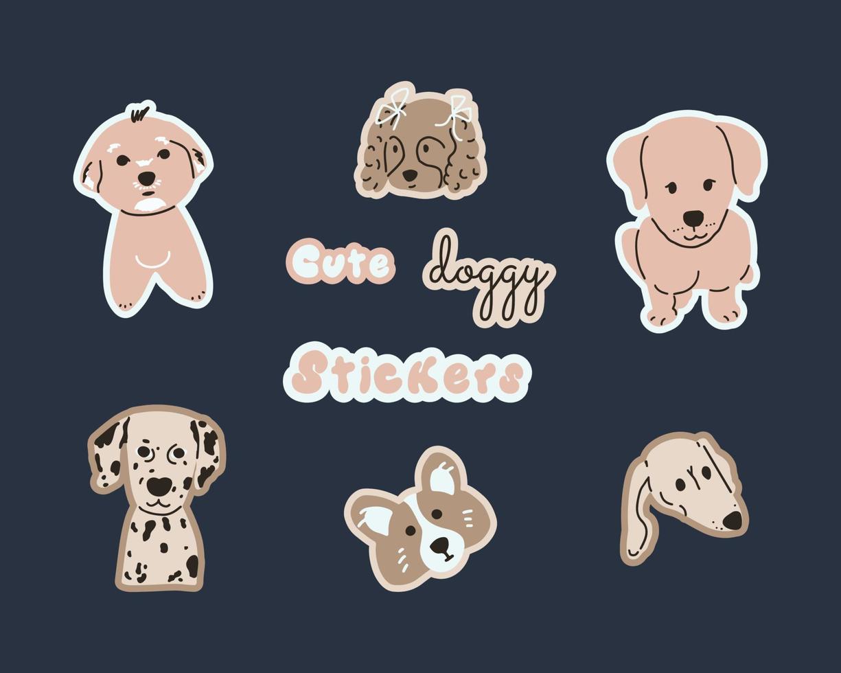 Hand drawn cute doggy stickers set in doodle style. Funny pedigree dogs faces collection. Little puppies portraits. Cartoon vector illustration for kids clothes print, children books and other design