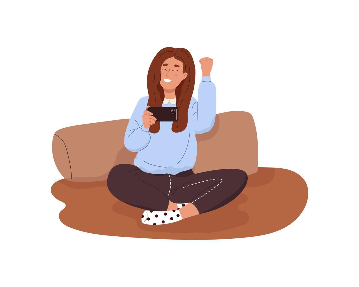 Happy girl celebrate online victory in game, holding smartphone in hand. Young smiling woman winner with mobile phone rejoicing fortune, luck, win. Flat cartoon vector illustration on white background