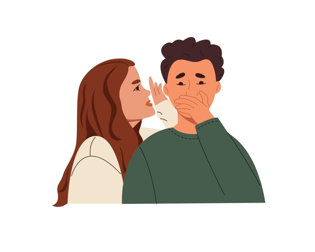 Woman whispering gossip or secret rumors to man ear. Shocked guy listening slander, backbiting, hearsay, tales from girl friend. Color flat vector illustration isolated on white background