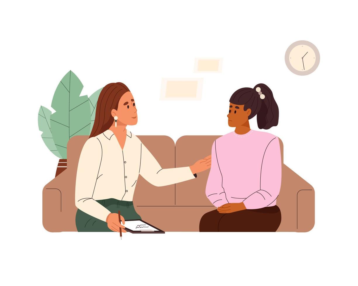 School woman psychologist talking to sad teenager girl in office. Teen schoolgirl on private psychotherapy session. Psychological help, support for adolescents. Flat vector illustration