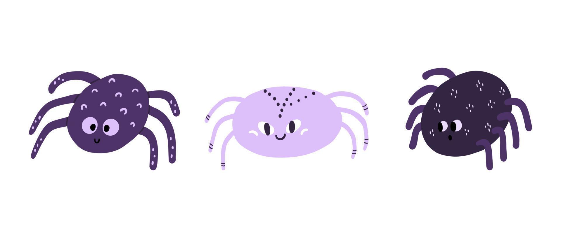 Set of cute Halloween spiders. Cartoon smiling arachnid collection. Funny spooky tarantula characters. Happy Helloween comic insects. Flat vector illustration isolated on white background