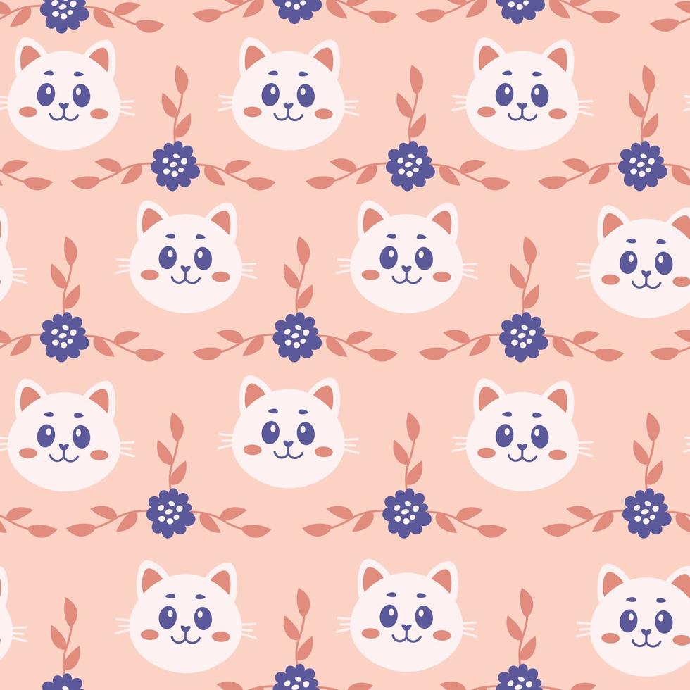 Cat flower twig seamless pattern vector