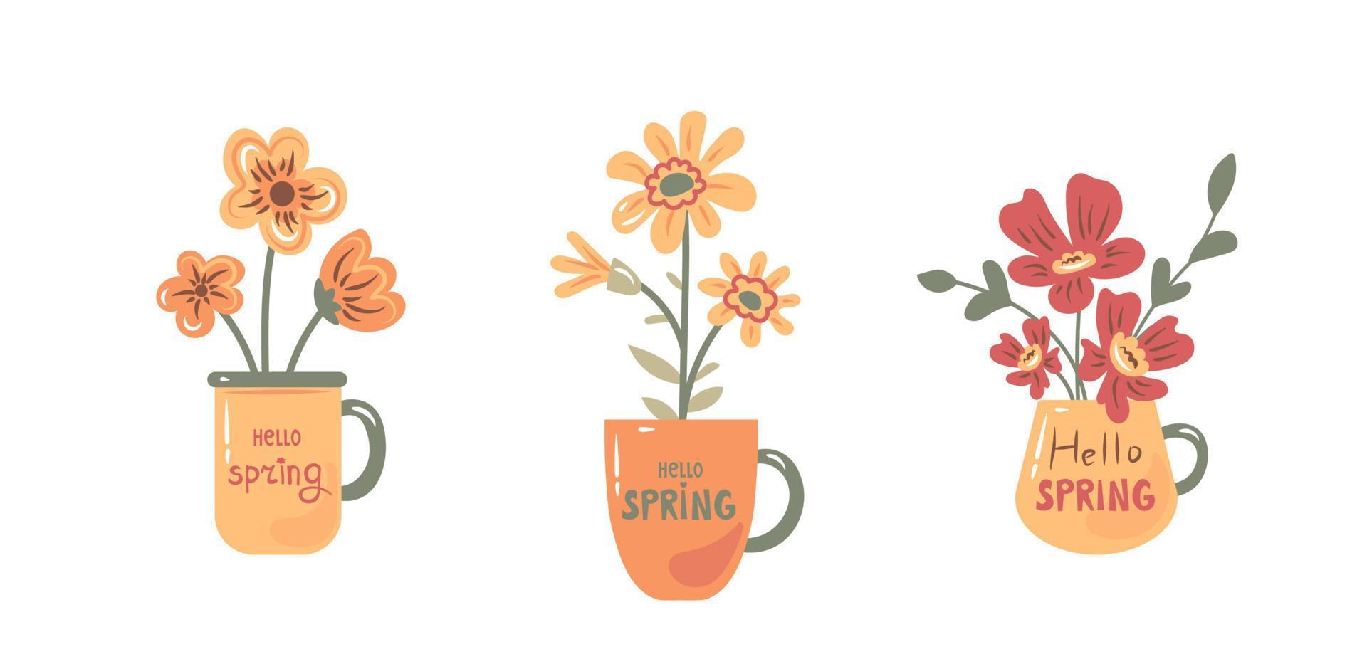 primavera flores en tazas colección vector