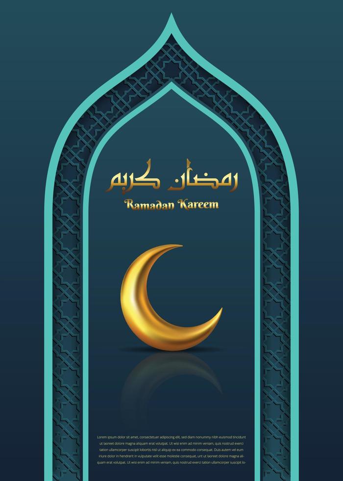 Ramadan kareem greeting card with reflect crescent moon and islamic pattern vector