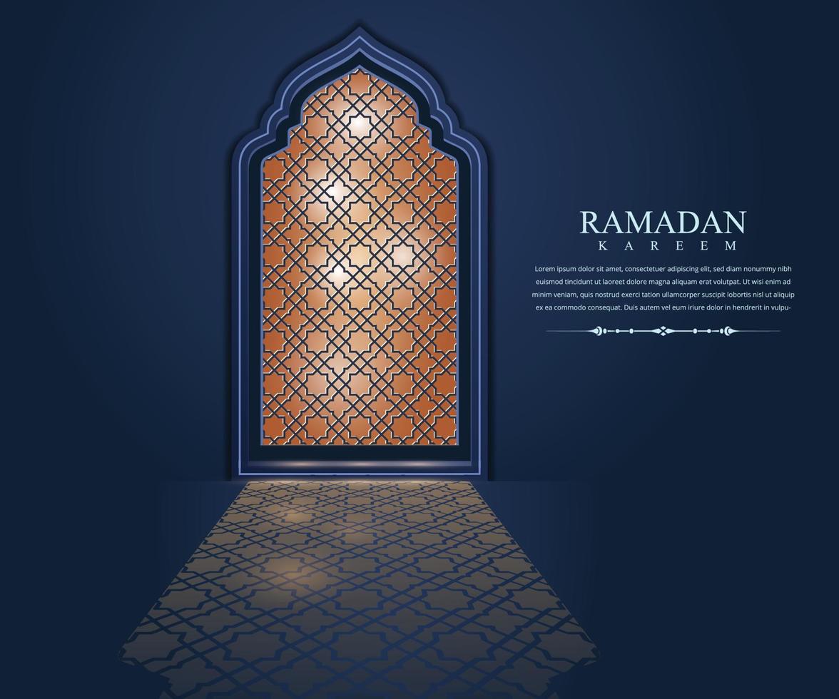 Ramadan kareem greeting card vector with arabic window of mosque. Ramadan poster illustration