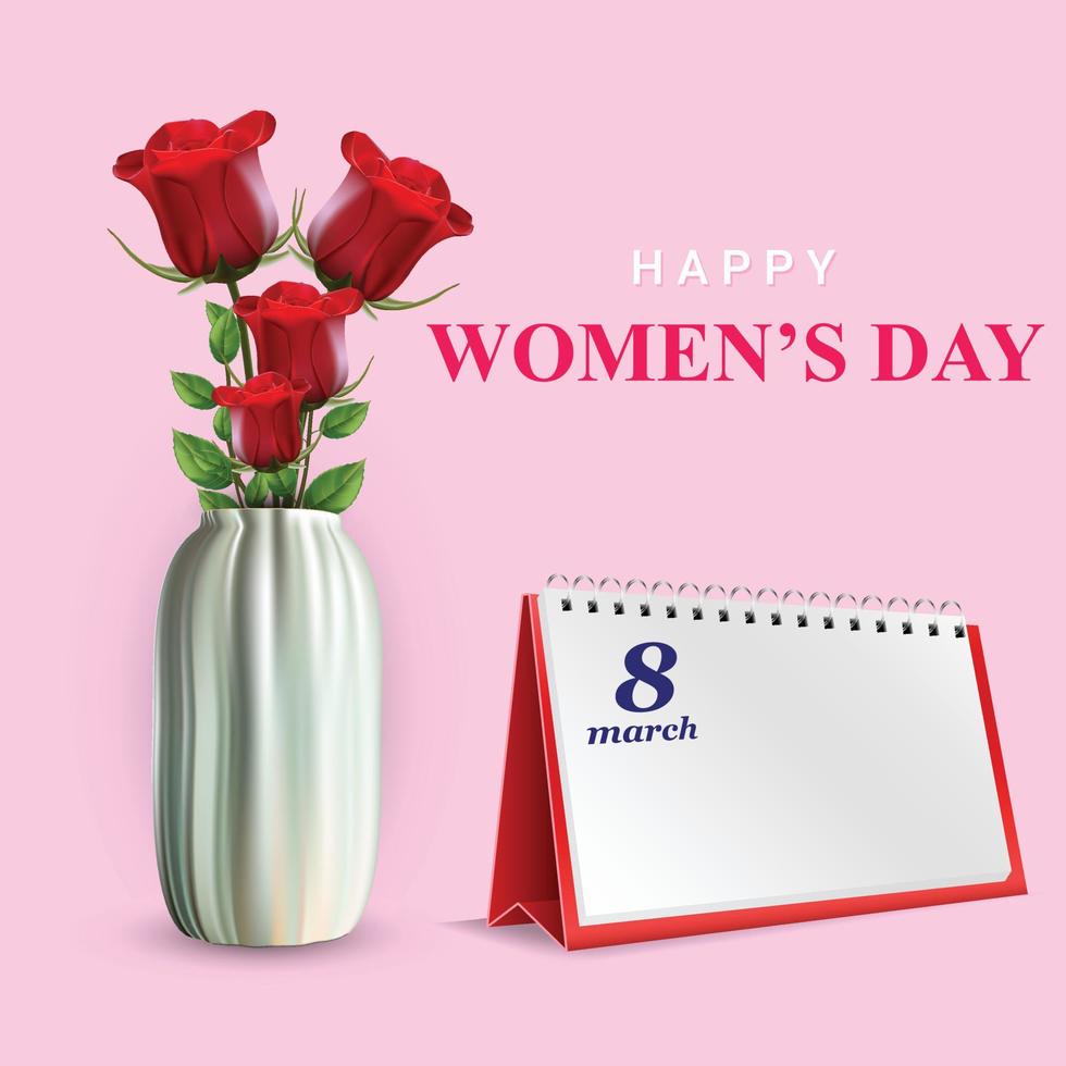8 march happy women's day vector with red rose flower vase and table calender vector