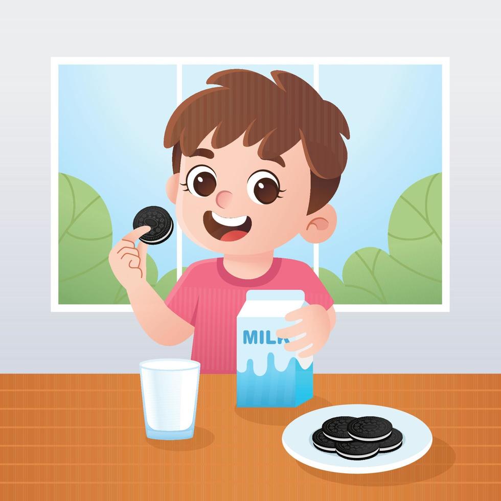 Boy Eat Biscuit with A Glass of Milk Concept vector